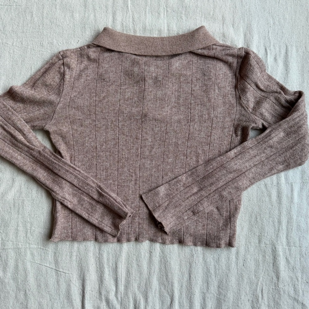 Zara Taupe Ribbed Long Sleeve Polo Top - Picture 6 of 9